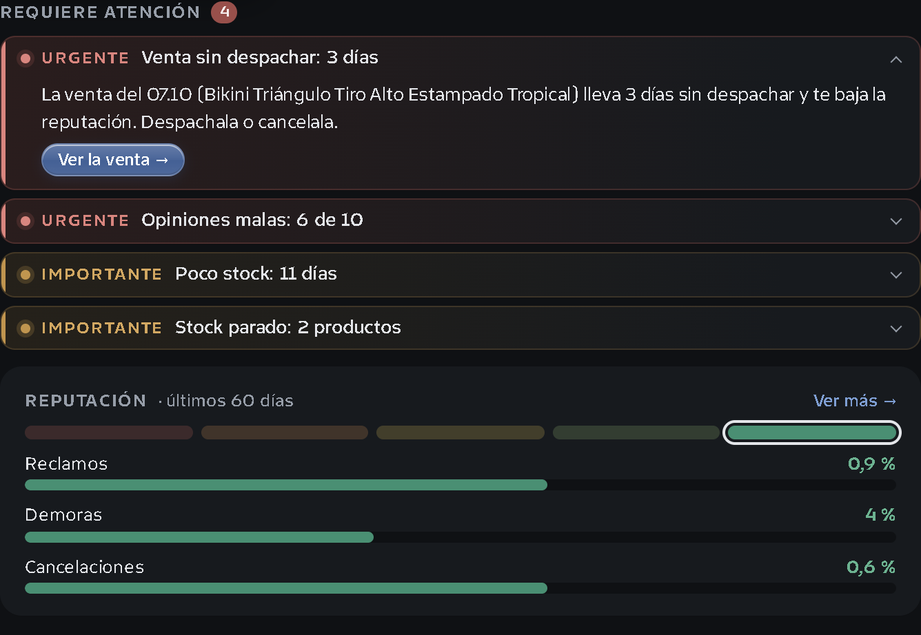 Pantalla «Resumen»: la lista «Requiere atención» con el aviso «Venta sin despachar: 3 días» abierto y el bloque de reputación