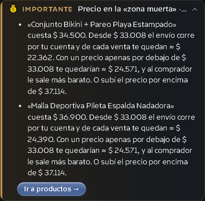 Pantalla «Cómo mejorar»: el consejo «Precio en la zona muerta» con el cálculo para dos productos y el botón «A productos»