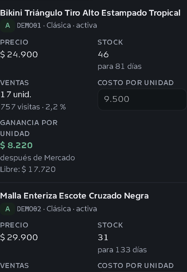 Pantalla «Productos»: una publicación con precio, días de stock, ventas, costo y ganancia por unidad