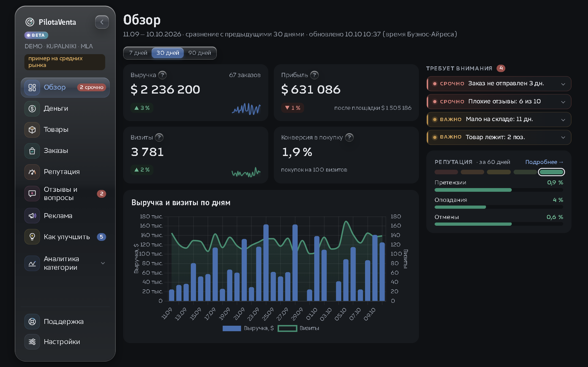 Экран «Обзор» в кабинете PilotaVenta: выручка, прибыль, визиты, конверсия и список «Требует внимания»